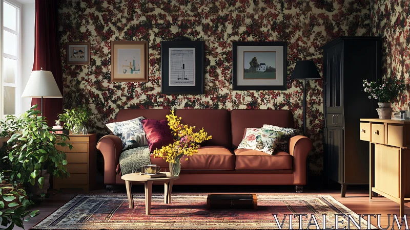 Warm floral living room with vintage decor and plants.
