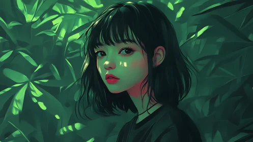 Girl with neon glow stands in lush emerald foliage