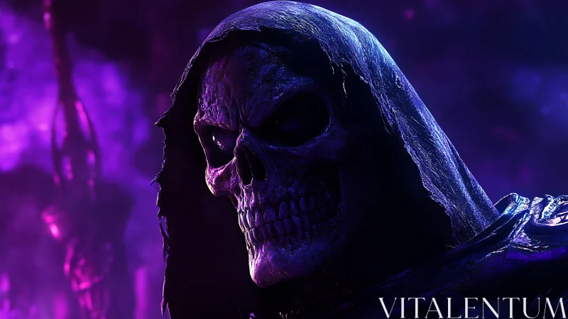 Hooded skeletal warlord under ultraviolet spectral illumination.