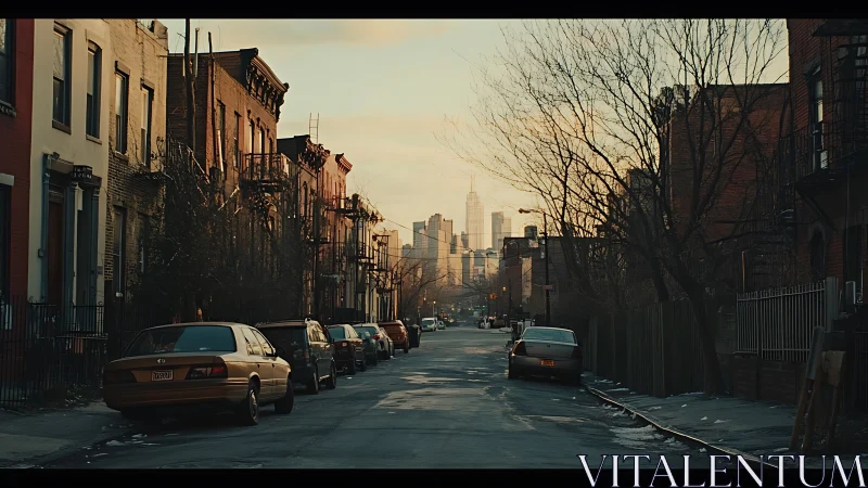 Quiet city backstreet falls into dusk as skyline glows ahead