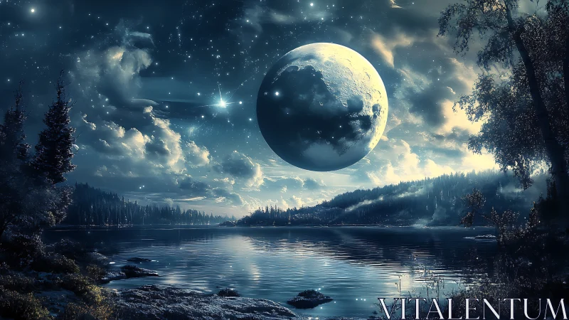 Massive moon over calm forest lake under starry sky.