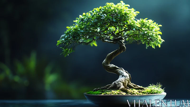 Whispering bonsai duet curves in tranquil emerald light.