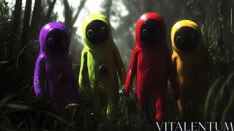 Four glossy alien figures walk through dense forest undergrowth