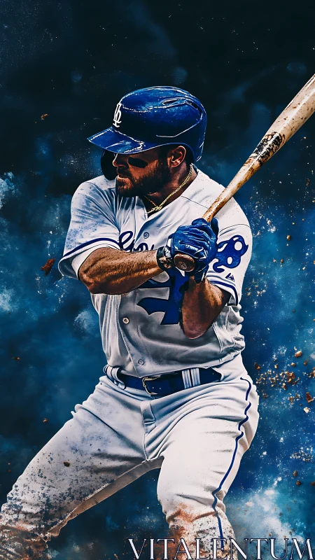 Baseball slugger prepares powerful swing amid digital sparks.