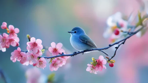 Blue Bird Perched on Cherry Blossom Branch.