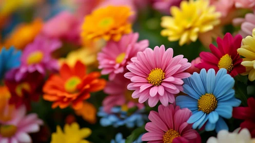 Colorful daisies create a joyful, softly blurred floral field.