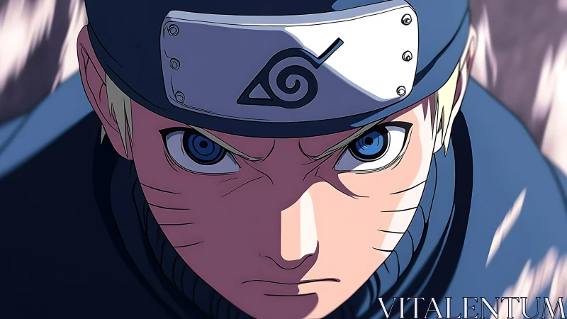Close-up anime ninja portrait with blue headband and emblem