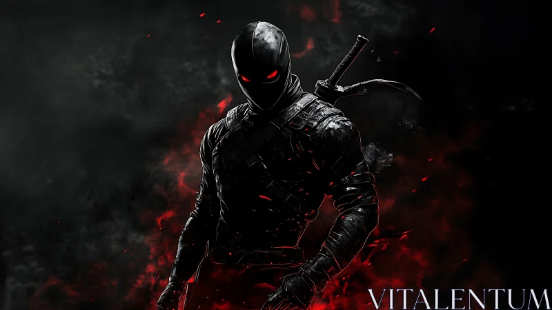 Stealth assassin silhouette with glowing red eyes and katana
