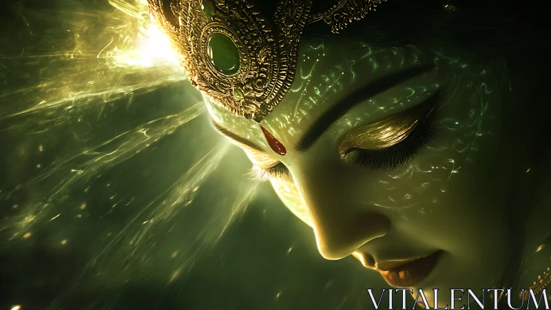 Divine emerald goddess rendered in luminous digital chiaroscuro