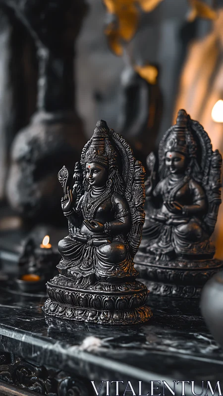 Bronze Hindu deity figurines on marble altar in candlelight.