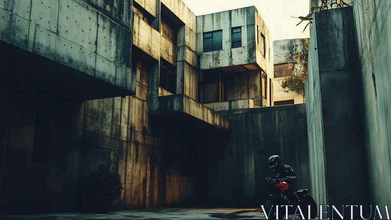 Motorcyclist in brutalist courtyard under moody sunset light.