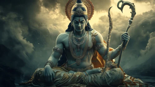 Divine warrior deity meditates amid stormlit mountainscape.
