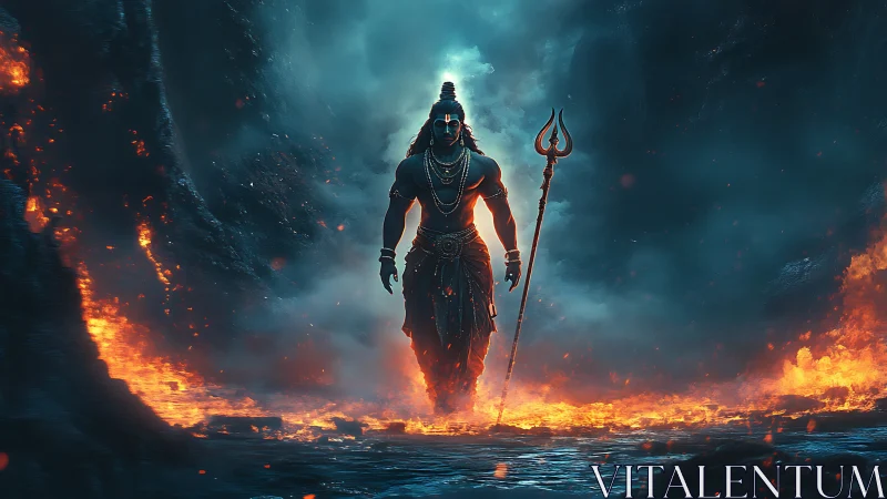 Divine warrior strides through molten fire in stormy chasm