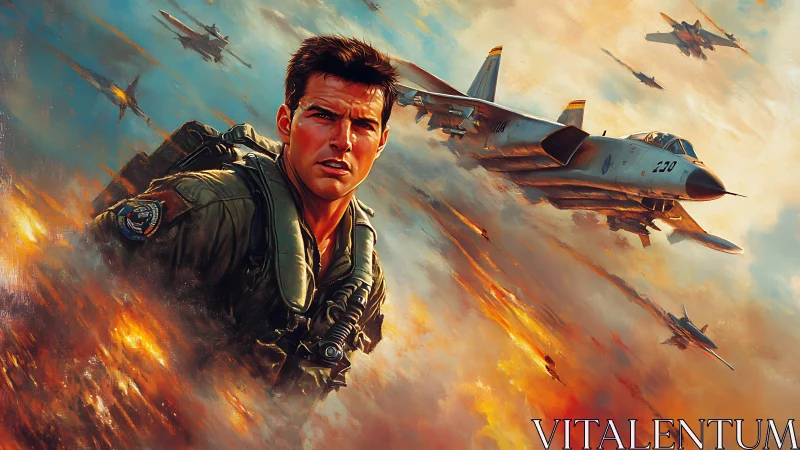 Fighter pilot portrait amid blazing jet combat skies.