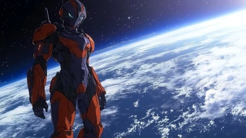 Orbital exosuit sentinel overlooking Earth’s limb in starlight.