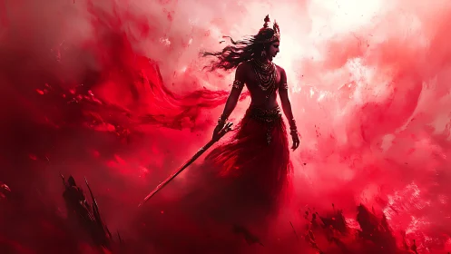 Warrior goddess strides through crimson storm clouds.