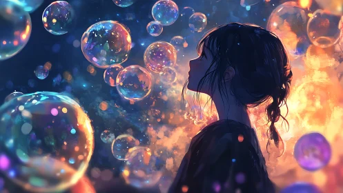 Silhouetted girl amid iridescent volumetric bubble field.