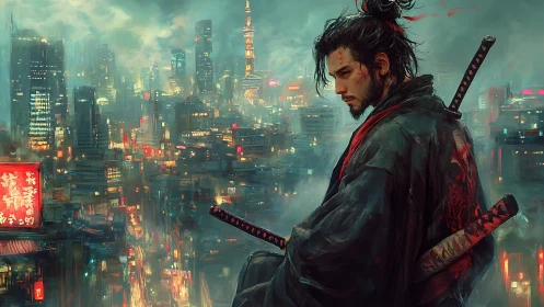 Wounded ronin overlooks neon-drenched futuristic metropolis.
