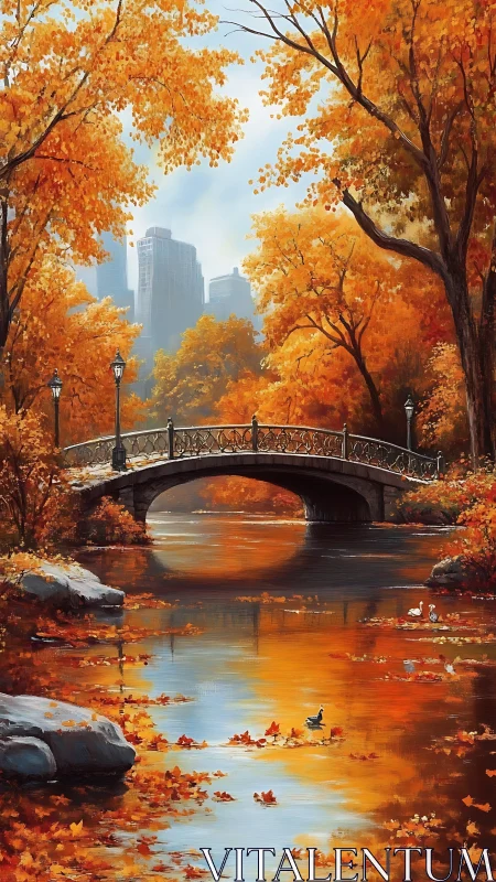 Urban park bridge spans reflective autumn river scene