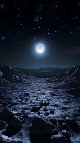Lunar regolith valley under haloed full moon and starfield