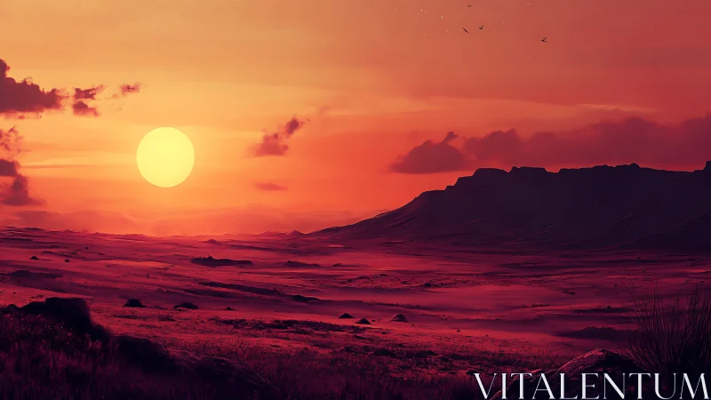 Red desert sunset over distant plateau and open plain.