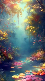 Enchanting forest stream with colorful floating lily pads.