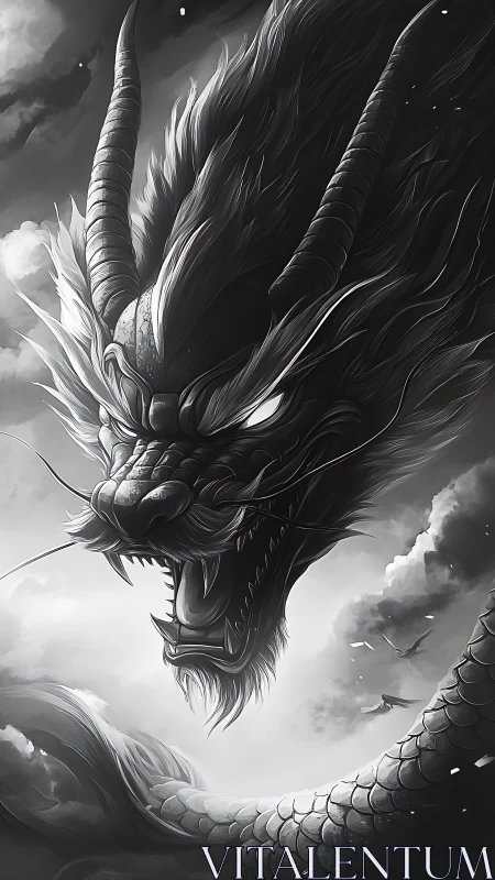 Storm-wreathed sky dragon roars above churning monochrome clouds.
