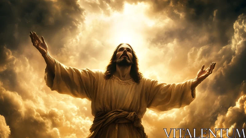 Radiant figure in flowing robe framed by glowing clouds.