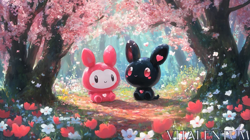 Bunny buddies share quiet magic under candy-pink blossoms.