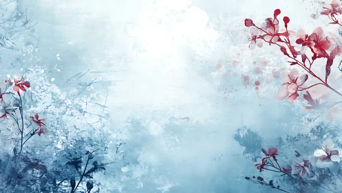 Watercolor Floral Composition with Soft Blue Atmospheric Wash Technique