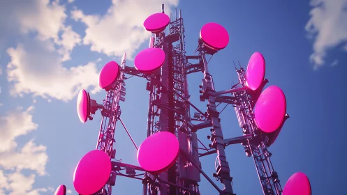 Telecom tower holds bright pink circular antenna dishes