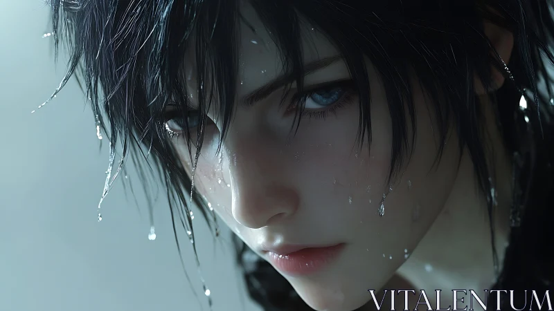 Rain-soaked gaze sharpens into a storm of quiet resolve