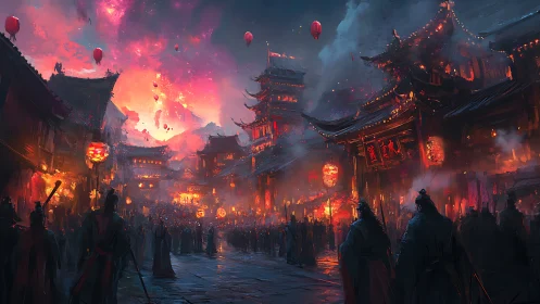 Lantern-lit festival street glows under a blazing night sky