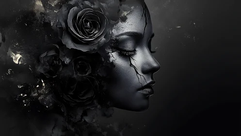 Side profile female face merges with dark roses and cracks