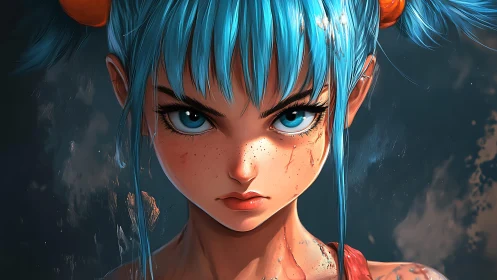 Storm-eyed warrior girl with neon blue hair and battle grit.