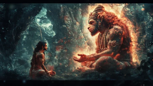 Divine monkey deity guiding warrior in glowing forest cave