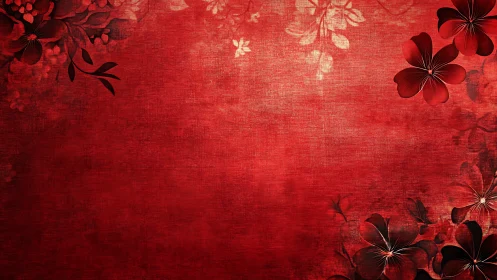 Red textile background with dimensional floral elements and layered composition