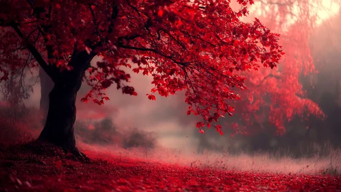 Crimson autumn tree glows softly in a misty dreamlike meadow