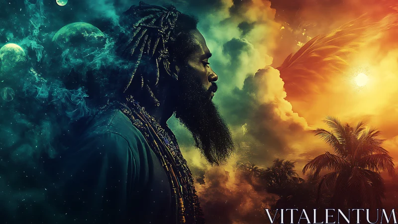 Celestial wanderer between neon cosmos and burning dawn.