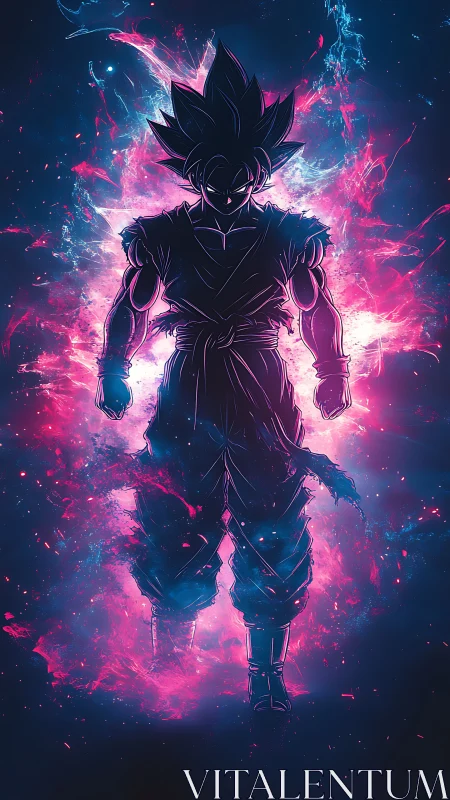 Neon-charged warrior strides from a cosmic storm of light