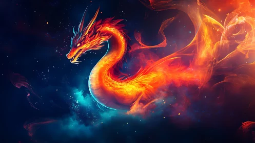 Luminescent fire dragon swirling through deep cosmic nebula