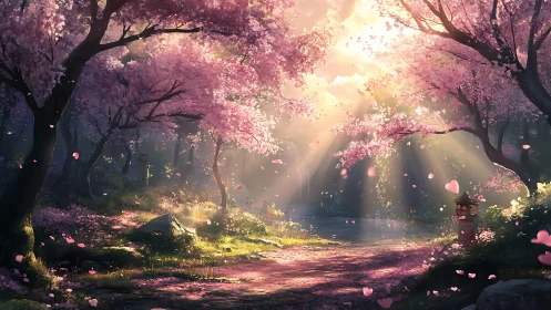 Radiant cherry blossom forest path with drifting petals.