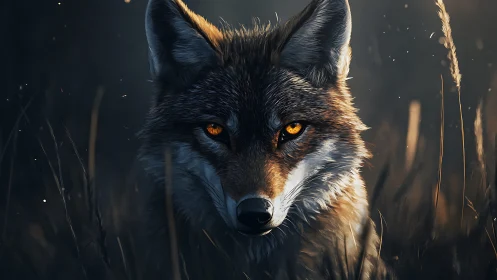 Low-key fox portrait with rim-lit fur and luminous amber eyes