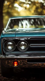 Classic teal muscle car glowing in soft golden sunlight.