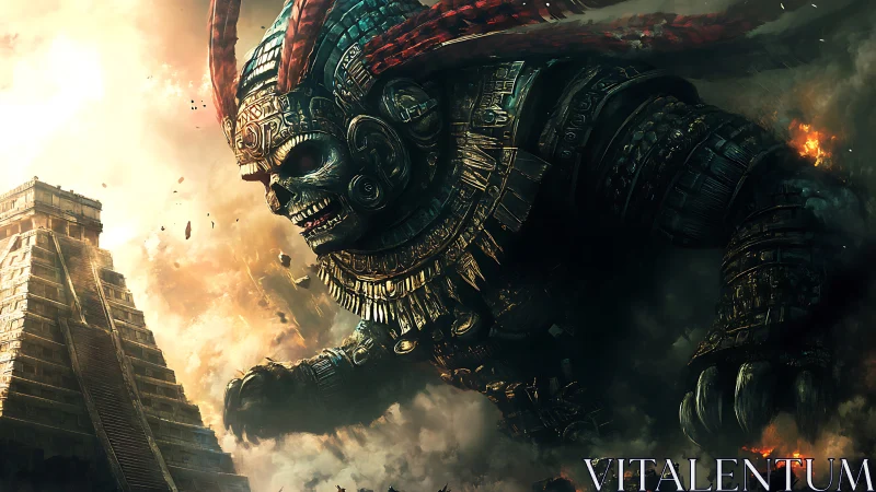 Colossal skeletal warrior beside stepped pyramid in smoke.