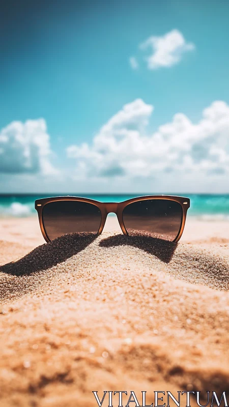 Photorealistic close-up of sunglasses on sunlit beach sand.