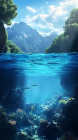 Sunlit mountain cove above a glowing coral dreamscape.