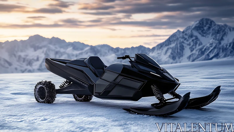 Futuristic snow vehicle with skis and wheels rests on open snow