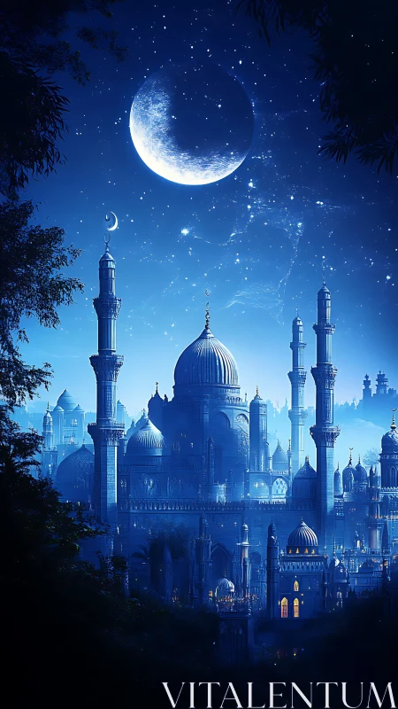 Moonlit sapphire citadel beneath a crescent sky.