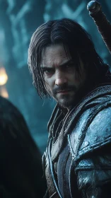 Storm-lit warrior meets your gaze with quiet, steely resolve